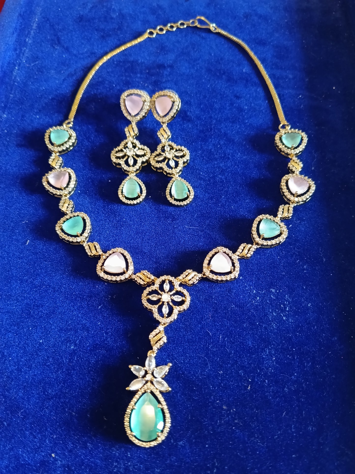 Pastel Heart Stone Necklace Set: Pink & Mint Green AD Pendant Jewellery