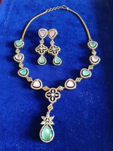 Pastel Heart Stone Necklace Set: Pink & Mint Green AD Pendant Jewellery