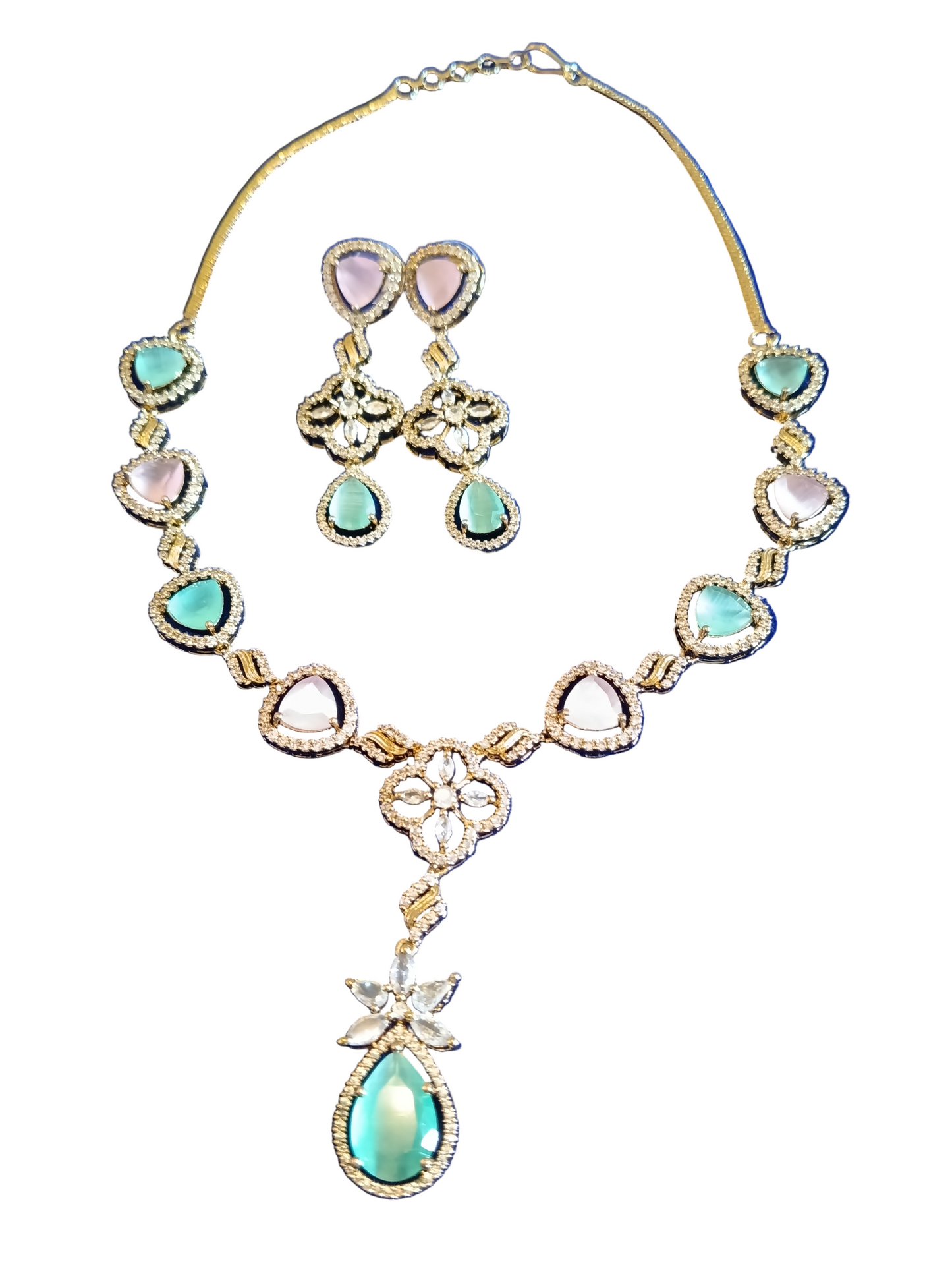 Pastel Heart Stone Necklace Set: Pink & Mint Green AD Pendant Jewellery
