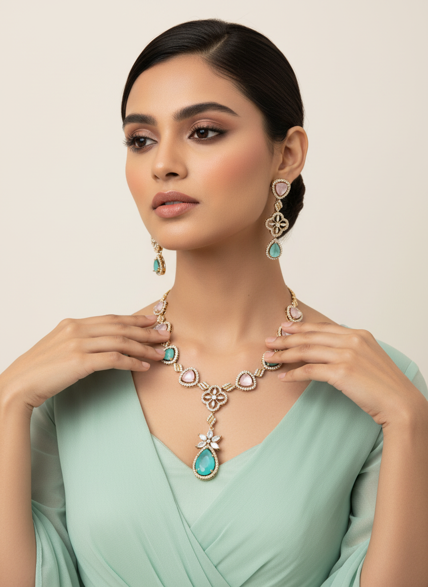 Pastel Heart Stone Necklace Set: Pink & Mint Green AD Pendant Jewellery