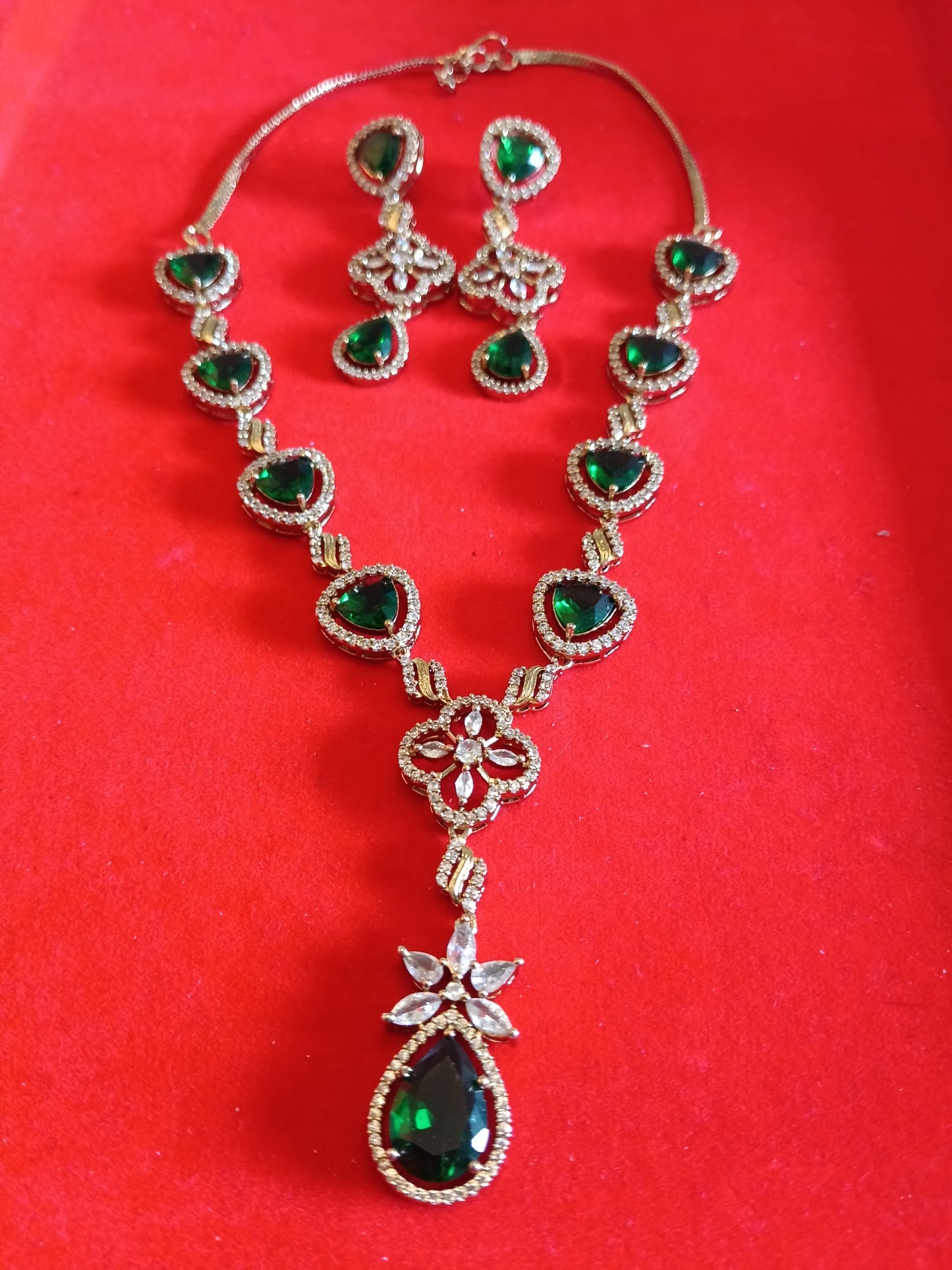 Grand Emerald Green & White Stone Long Necklace Set - Traditional Indian Jewellery