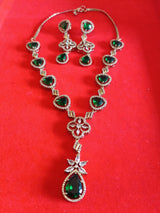 Grand Emerald Green & White Stone Long Necklace Set - Traditional Indian Jewellery
