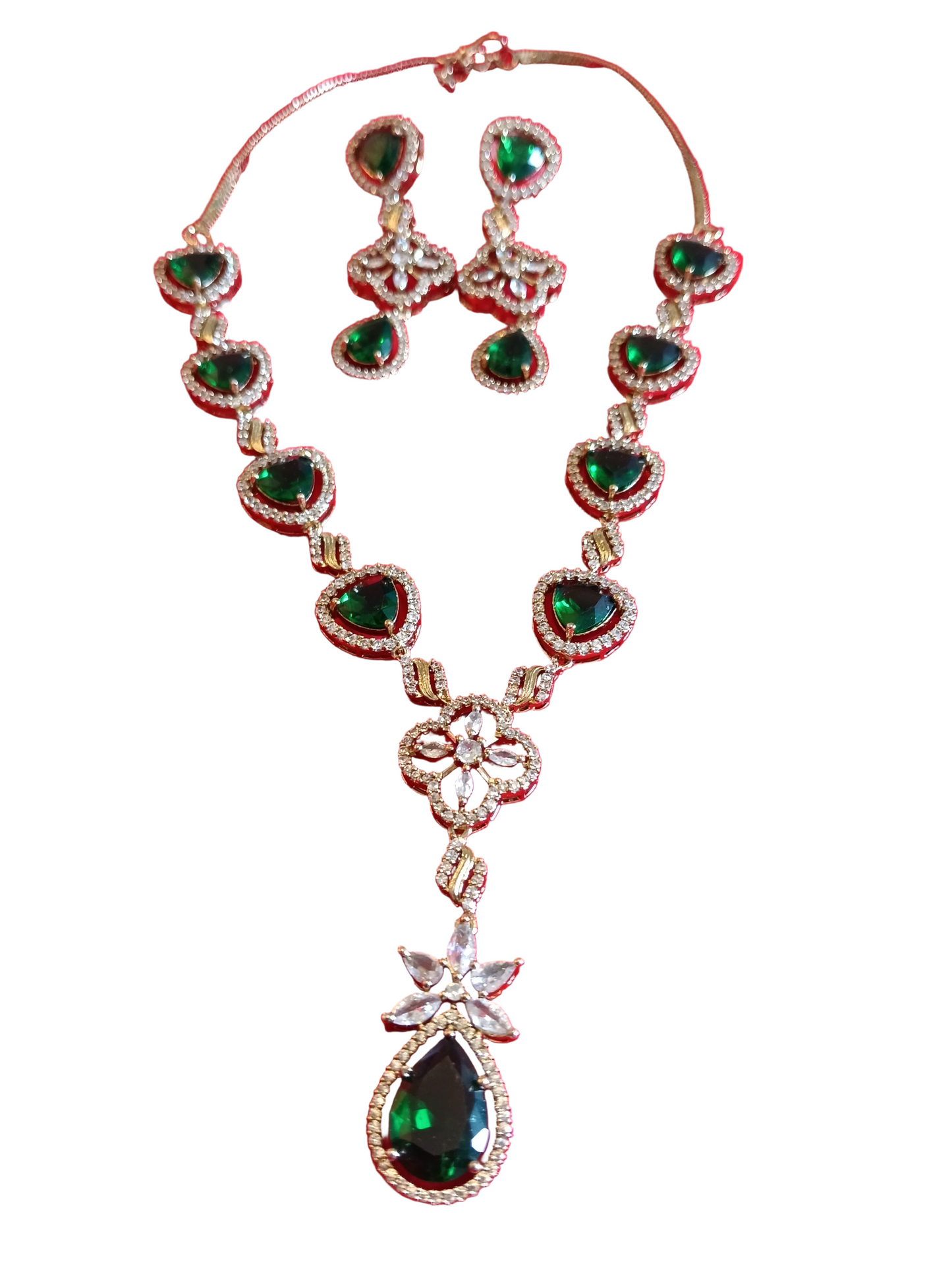 Grand Emerald Green & White Stone Long Necklace Set - Traditional Indian Jewellery