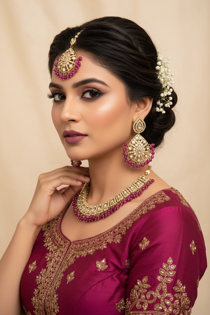 Heavy Ruby Kundan Polki Choker Set with Maang Tikka & Earrings - Dulhan Jewellery