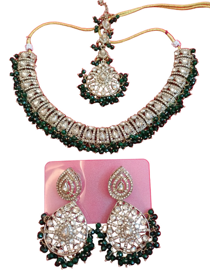 Antique Finish Polki Choker Set with Emerald Beads & Maang Tikka - Grand Wedding Set