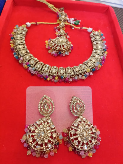 Vibrant Multi-Color Kundan Polki Choker Set with Maang Tikka - Mehendi Sangeet Set