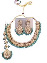 Antique Gold Polki Choker Set with Striking Blue Beads & Maang Tikka - Ethnic Look