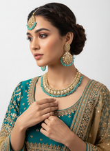 Antique Gold Polki Choker Set with Striking Blue Beads & Maang Tikka - Ethnic Look