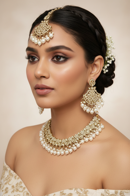 Traditional Kundan & Pearl Choker Set with Maang Tikka - Classic Indian Look