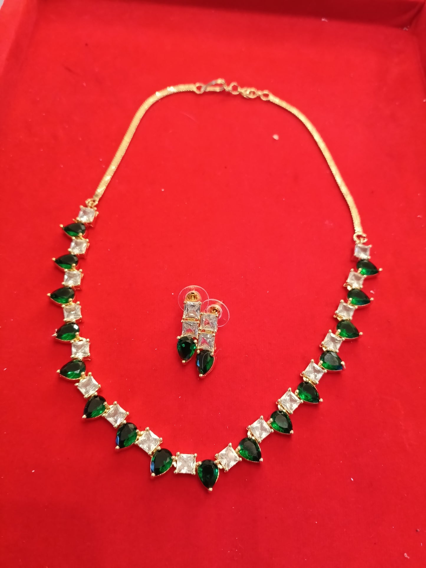 Green & White AD/CZ Choker Necklace Set - Emerald Square & Teardrop Stones