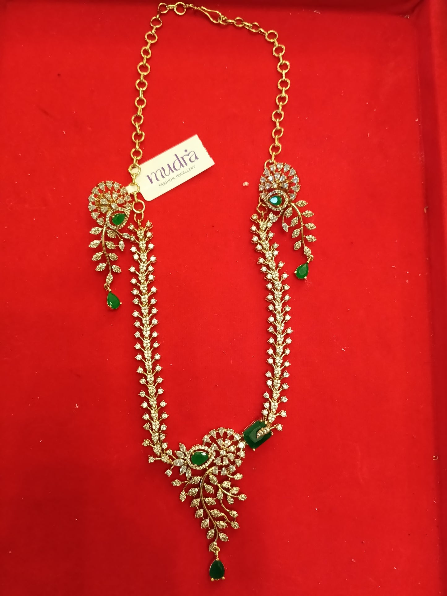 Designer Long AD/CZ Vine Necklace with Emerald Drops - Gold Plated Chain