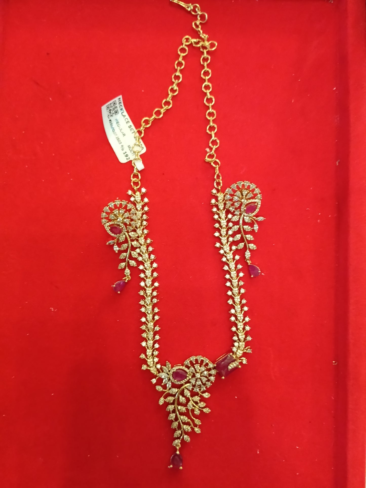 Ruby Stone Floral Vine AD/CZ Long Necklace Set - Gold Plated Indian Jewellery