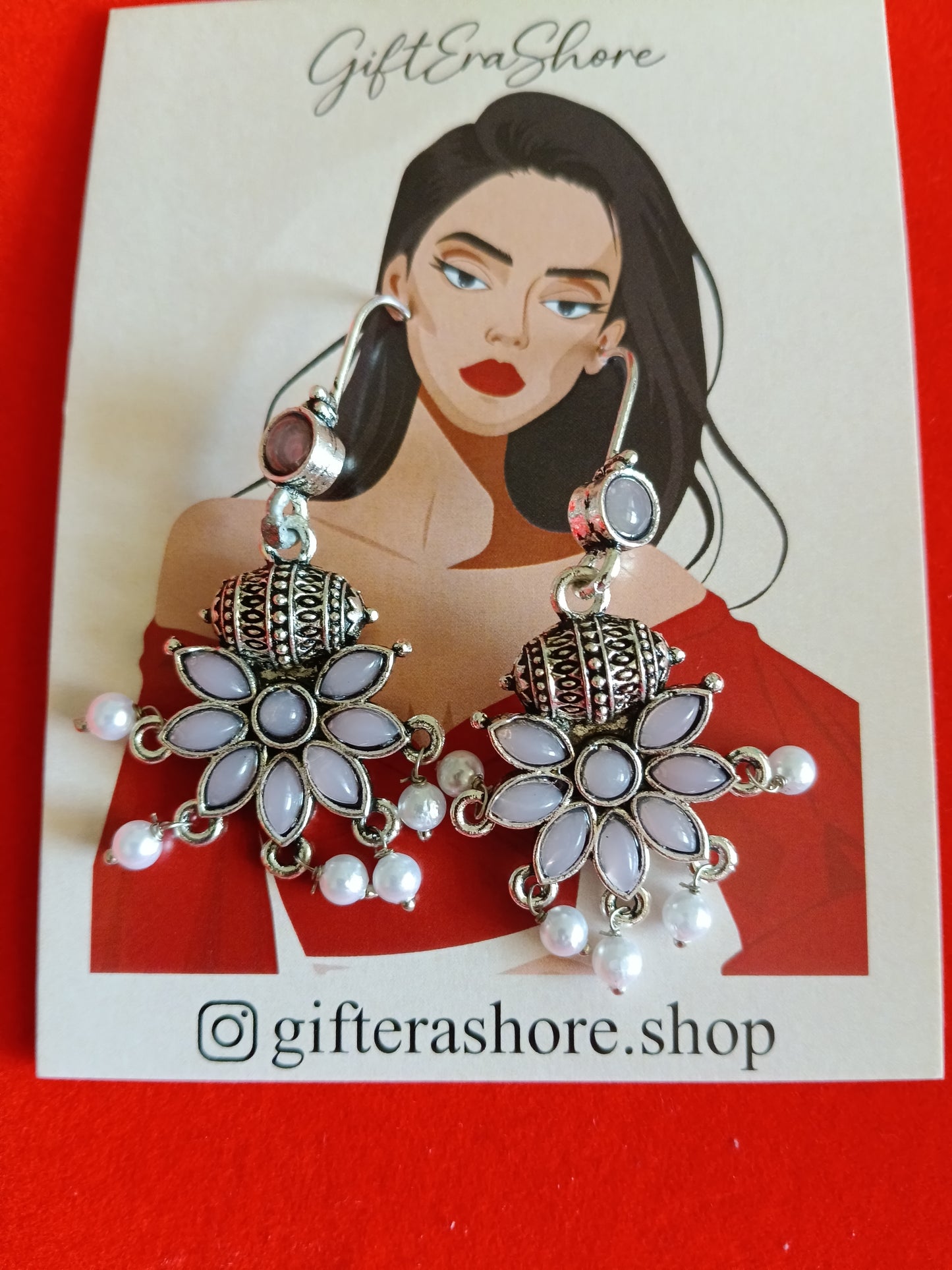 Pretty Pastel Pink Flower Oxidized Jhumka with Pearl Dangles