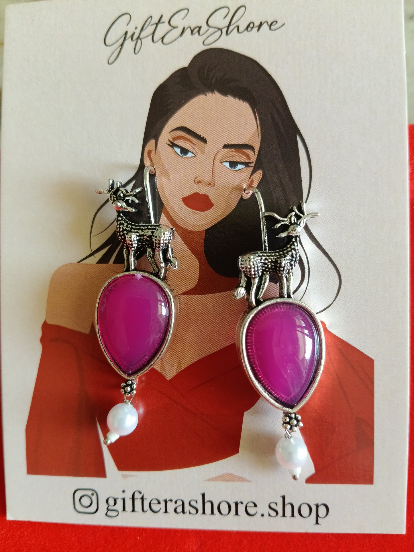 Vibrant Fuchsia Deer & Teardrop Earrings - Bohemian Statement