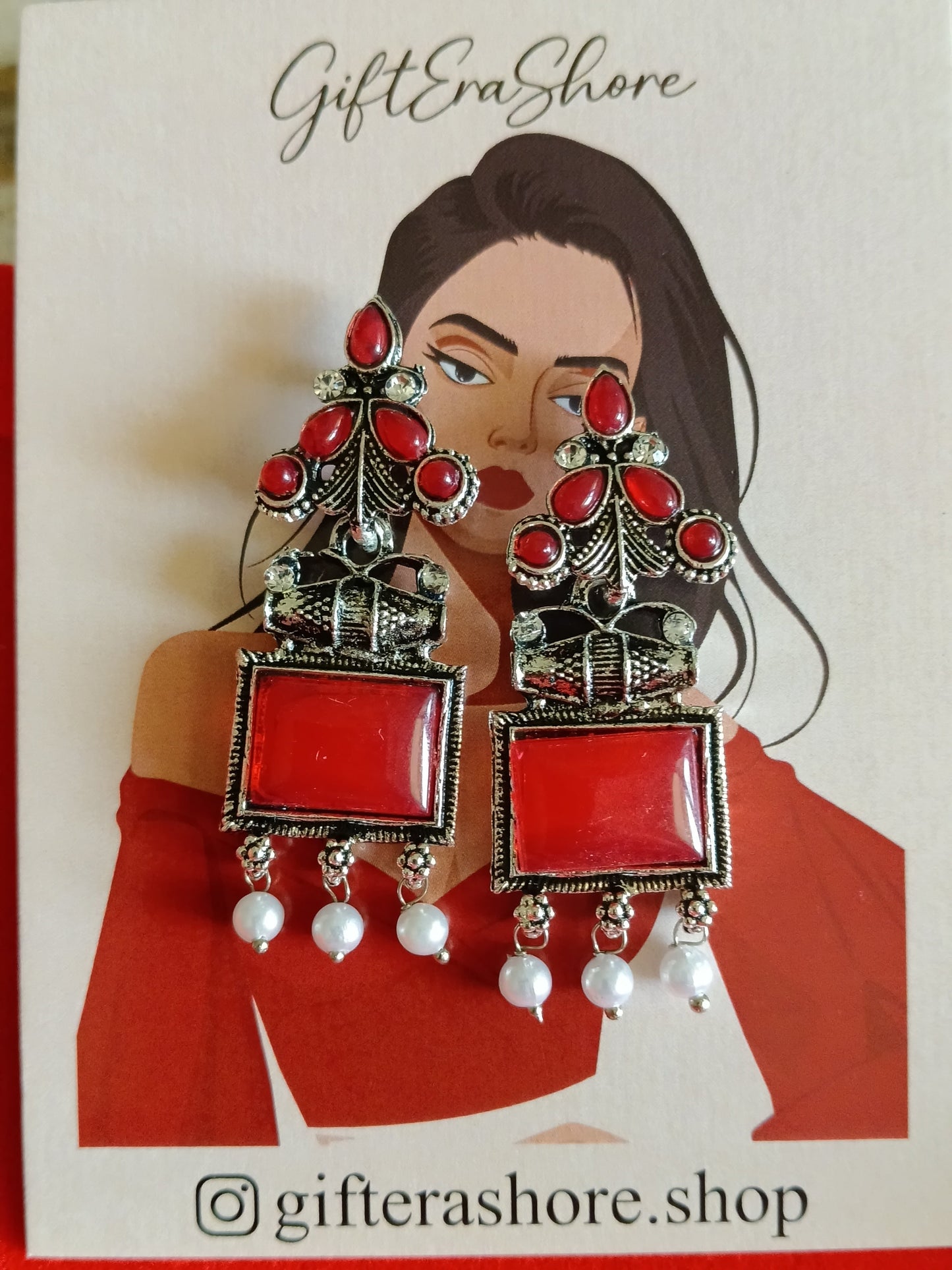 Dazzling Ruby Red Silver Square Earrings with Pearl Accents