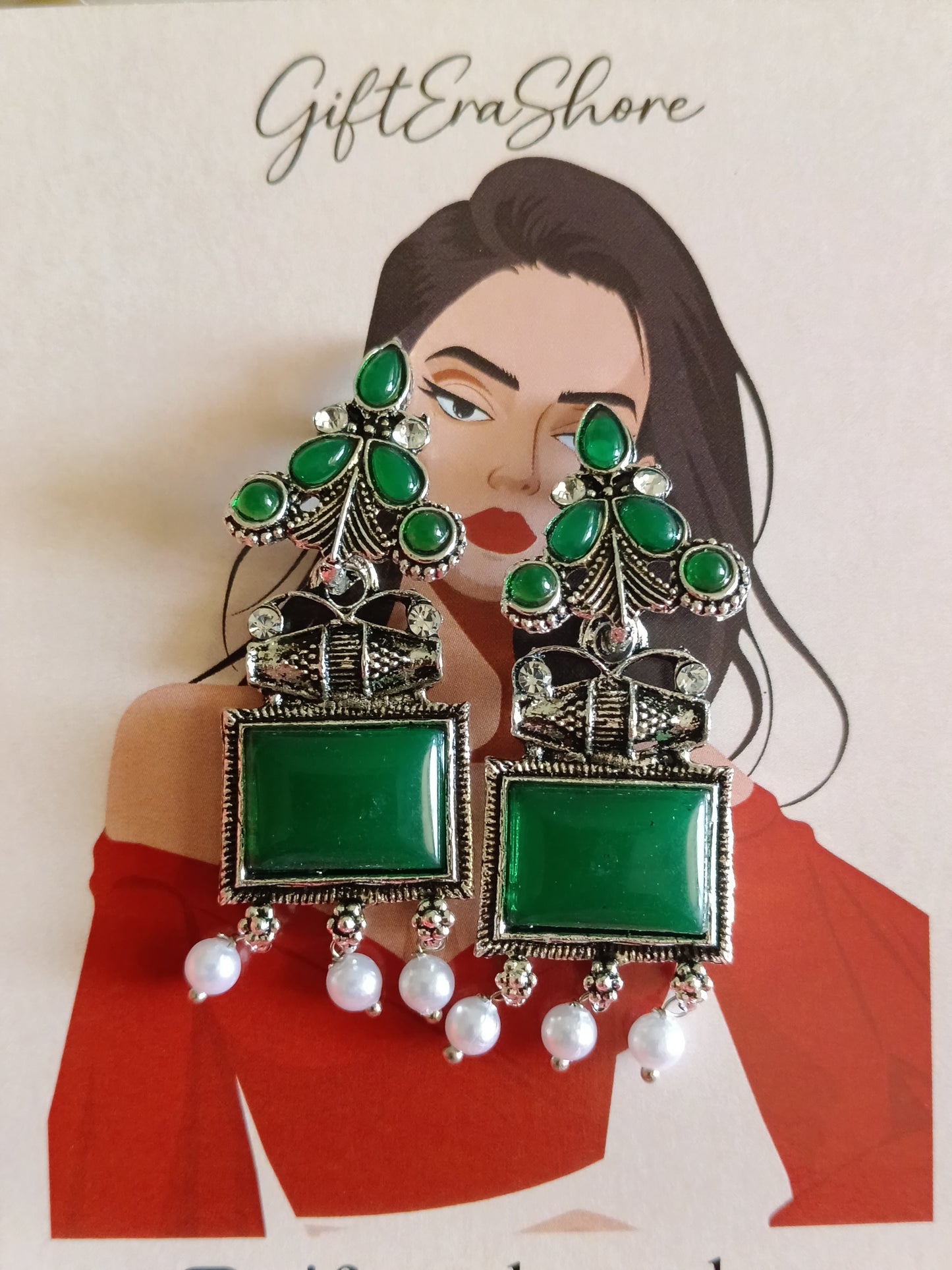 Regal Emerald Green & Silver Statement Earrings with Pearl Drops