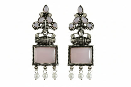 Lightest Baby Pink Square & Flower Oxidized Drop Earrings