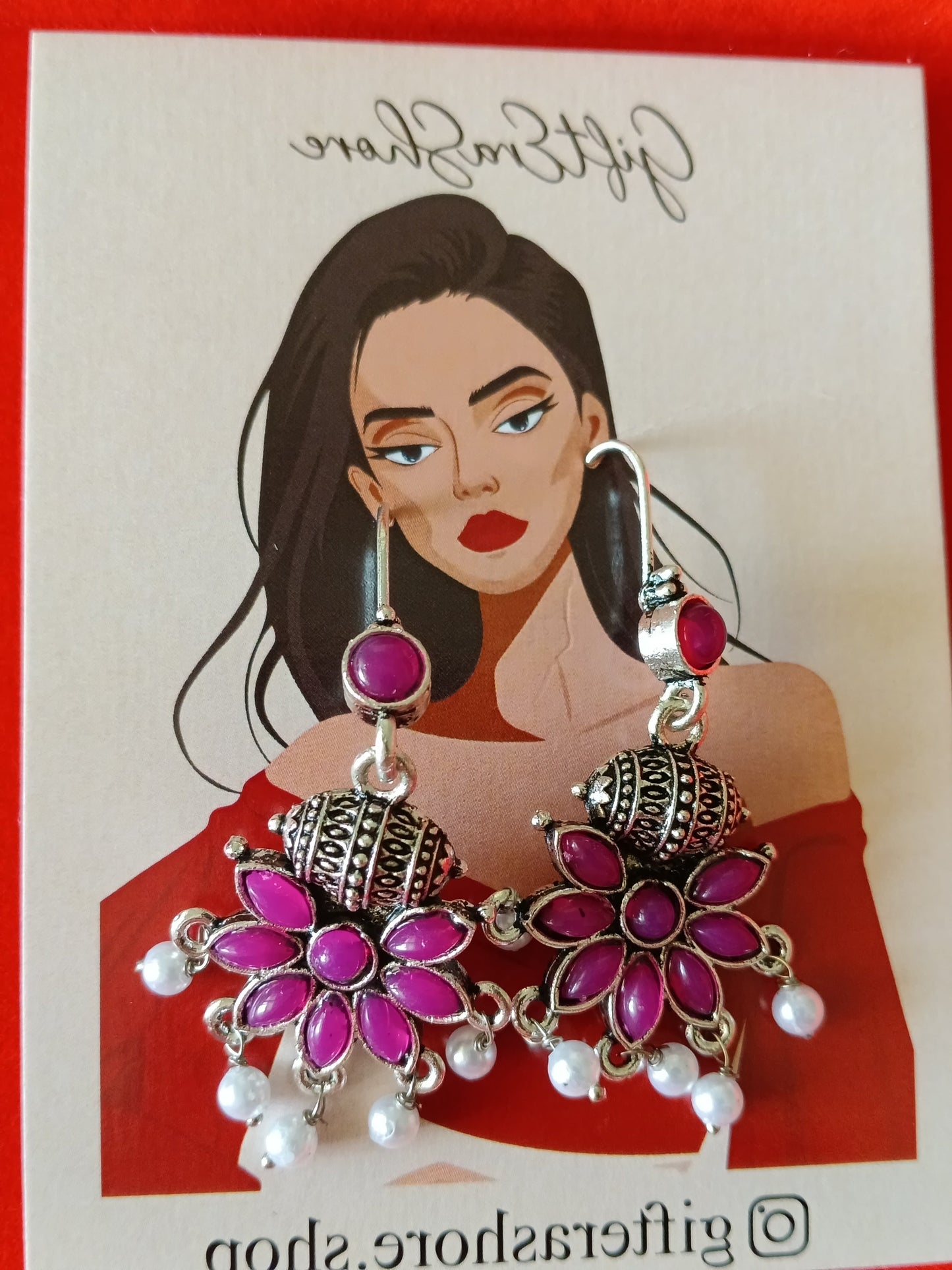 Vibrant Magenta Flower & Silver Drop Jhumka Earrings with Pearls