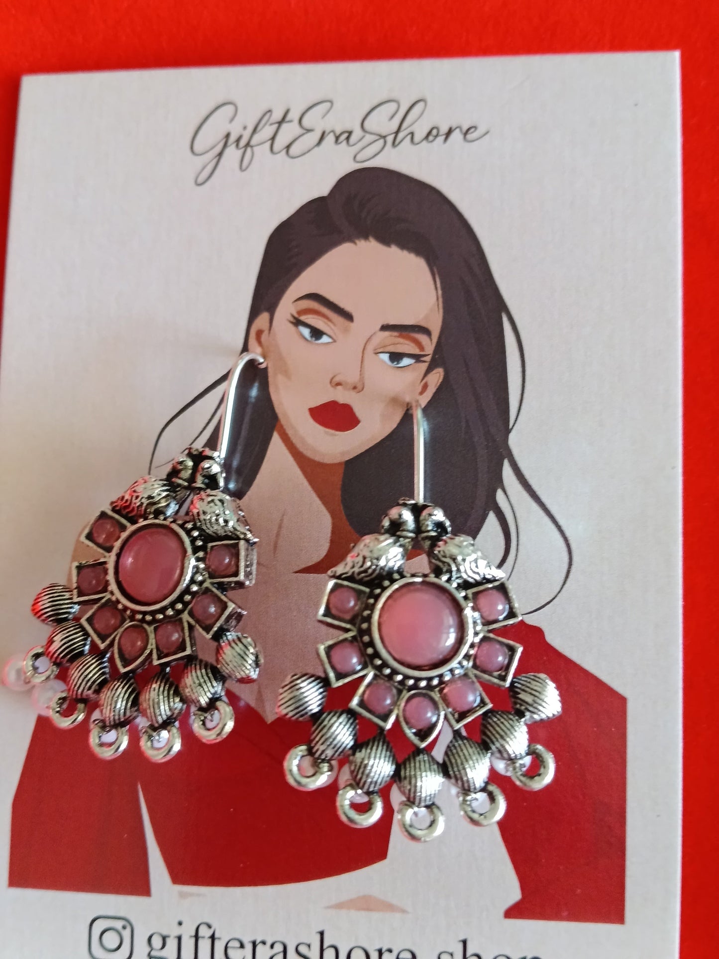 Sweet Pink Stone Floral Studded Oxidized Drop Earrings