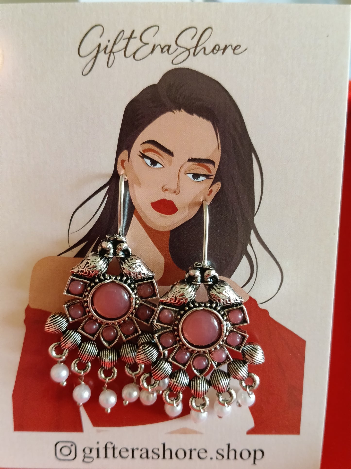 Dusty Rose Bird & Flower Statement Earrings with Pearls