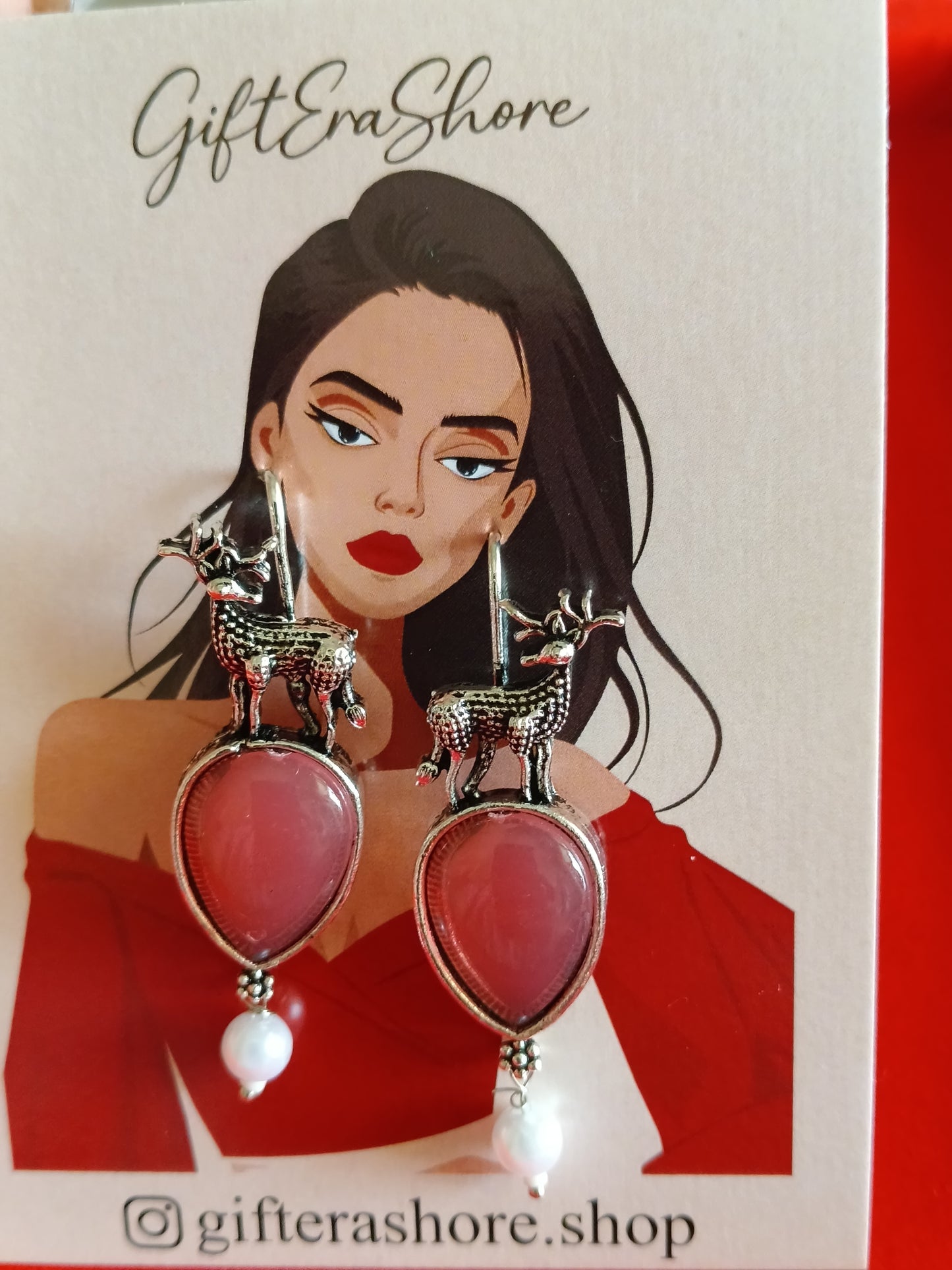 Sweet Rosy Pink Teardrop & Deer Earrings - Boho Charm