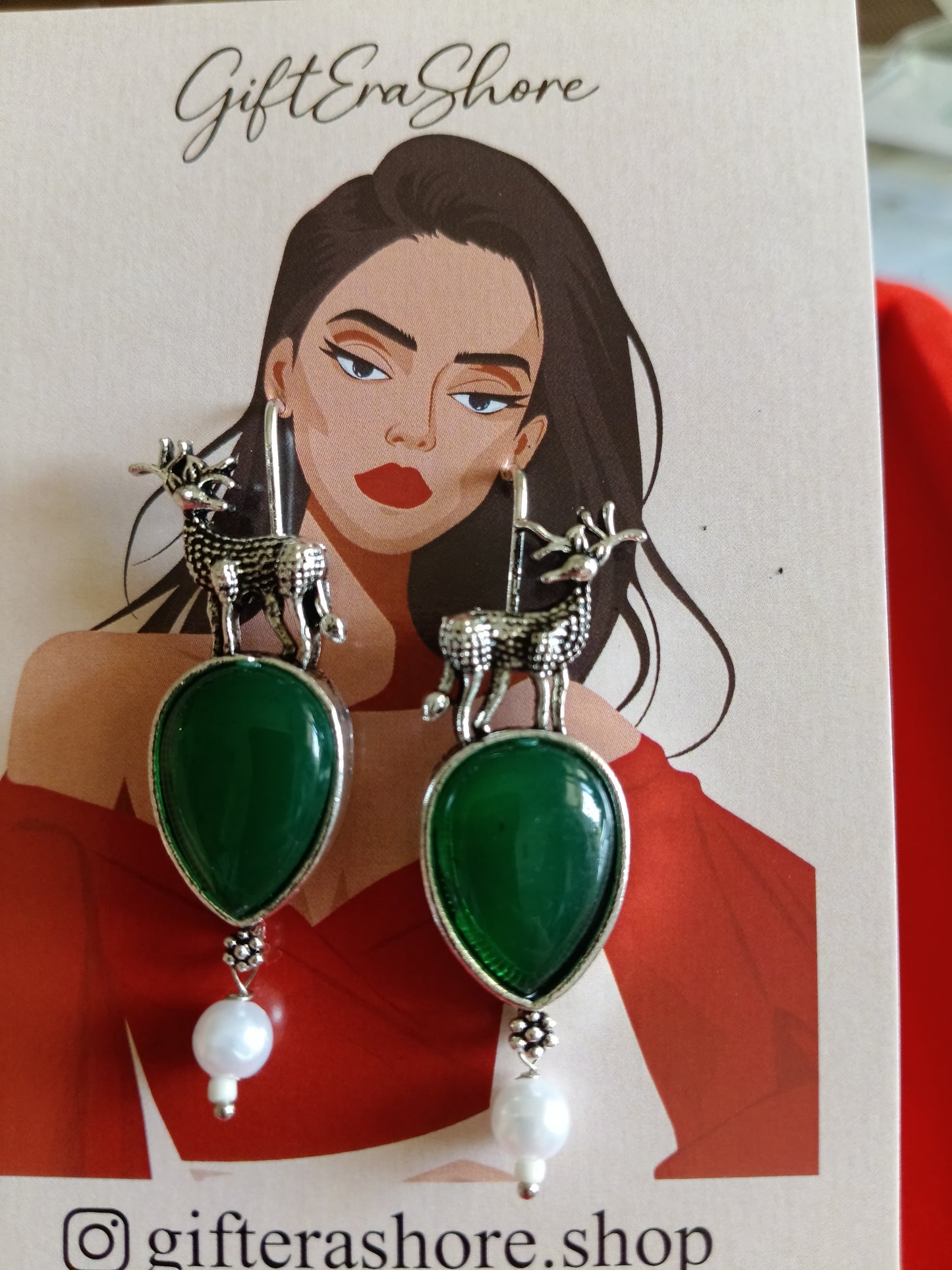 Majestic Emerald Green Teardrop & Deer Statement Earrings