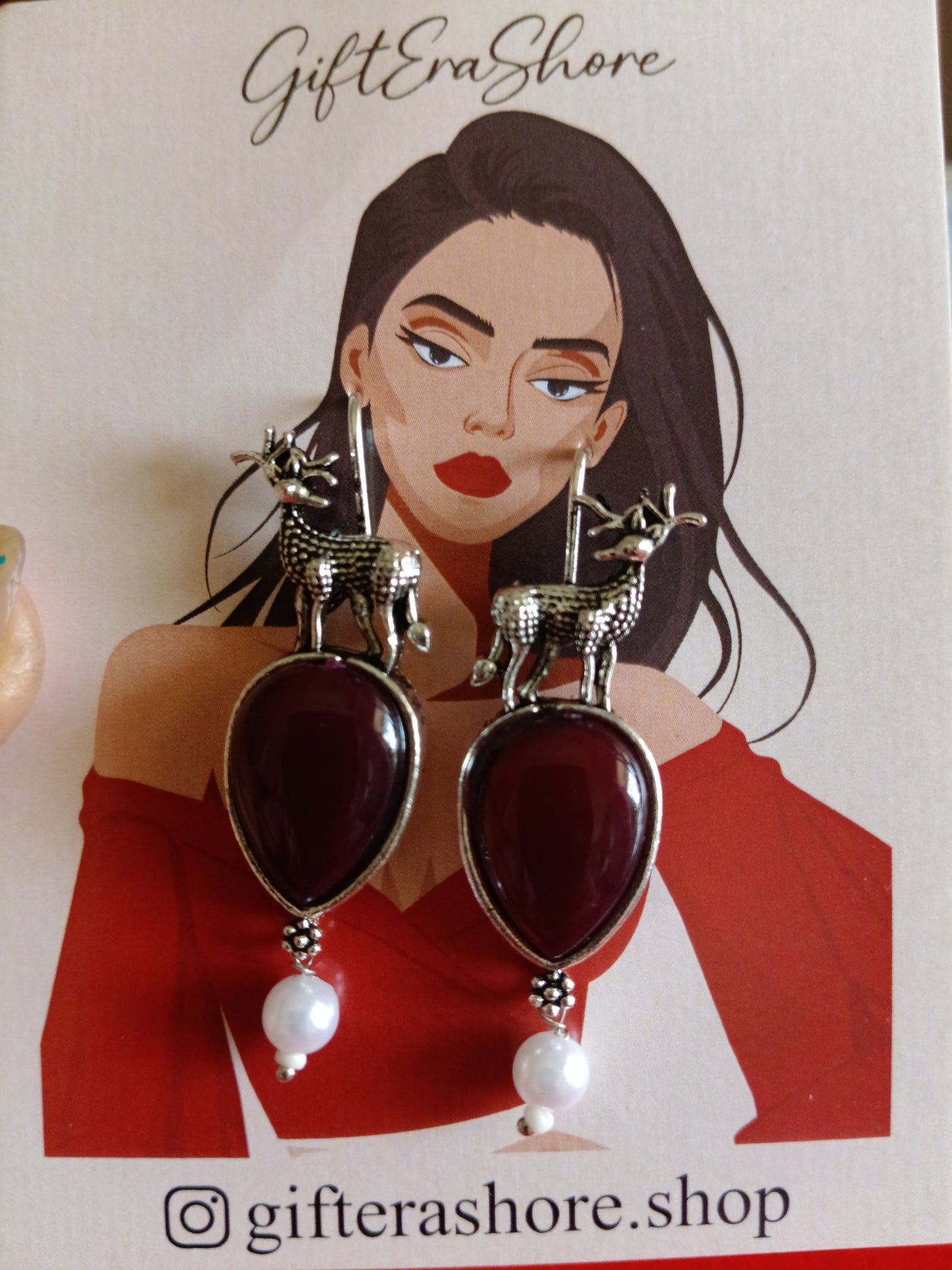 Luxurious Deep Maroon Teardrop & Deer Drop Earrings