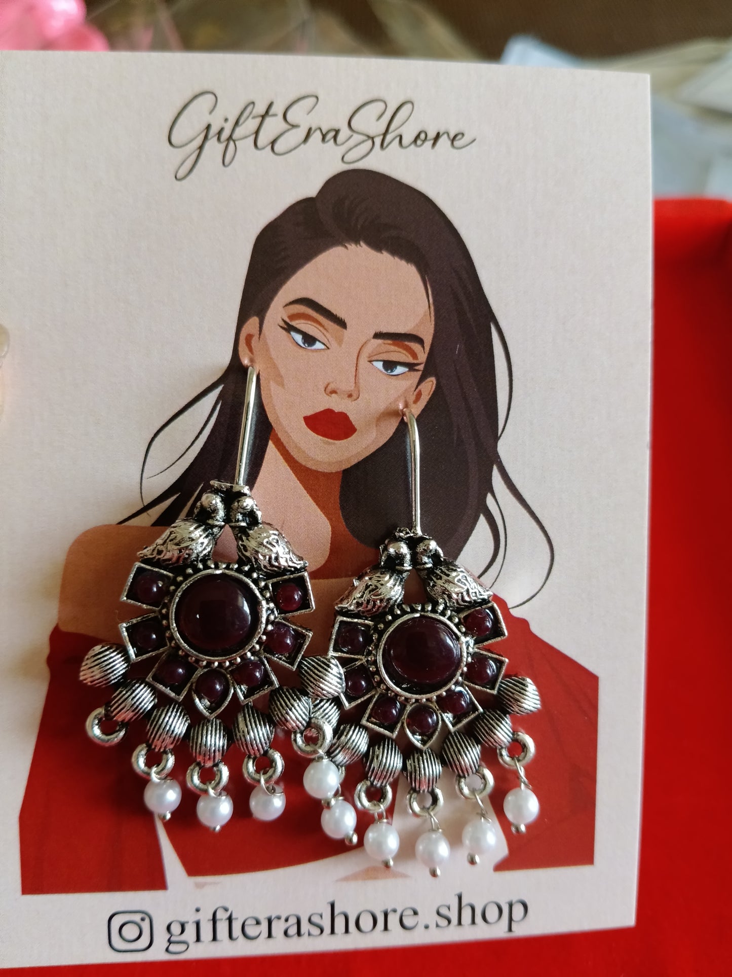 Rich Maroon & Silver Statement Drop Earrings with Pearls