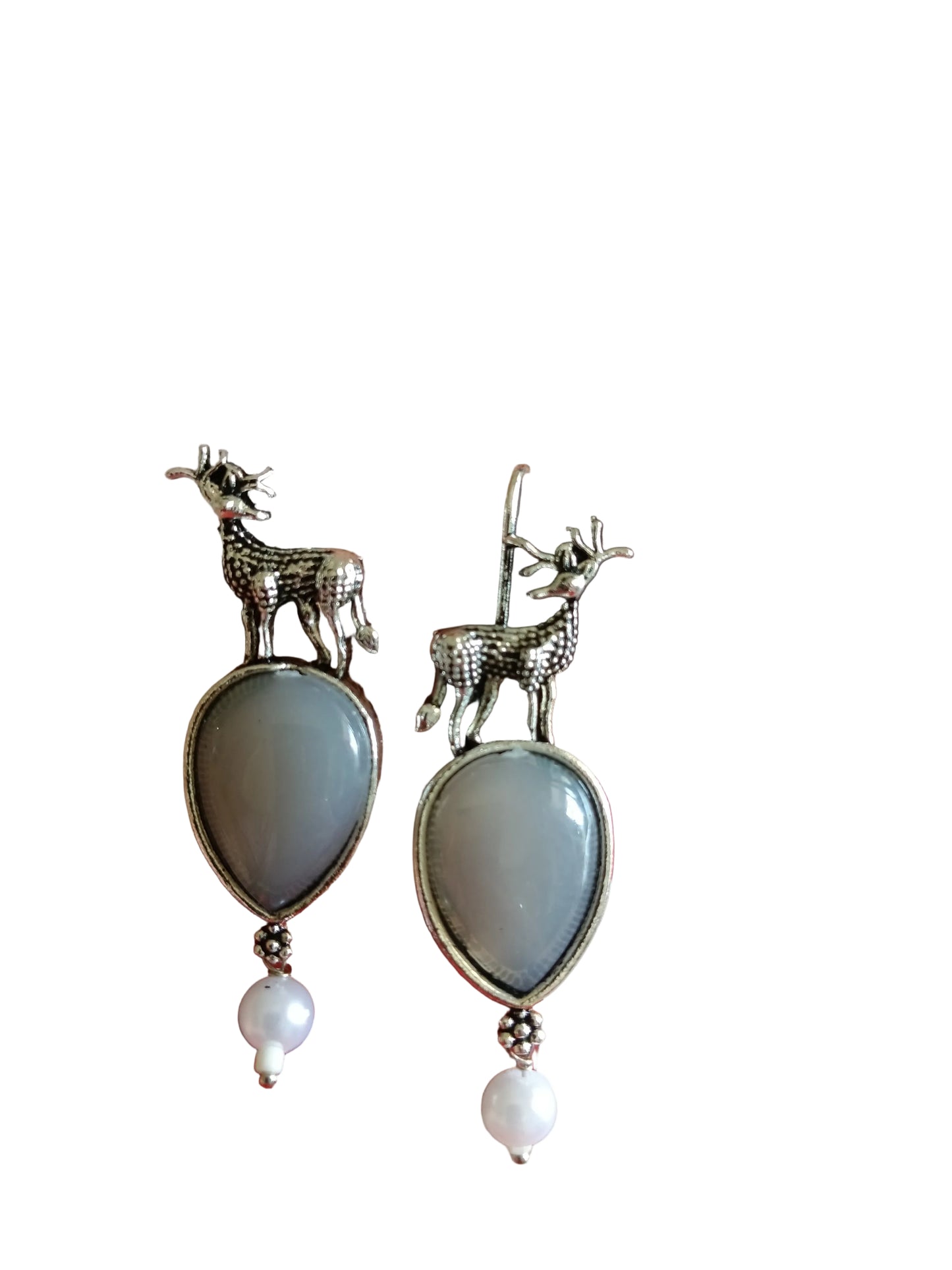 Elegant Ash Grey Teardrop & Deer Drop Earrings - Subtle Style