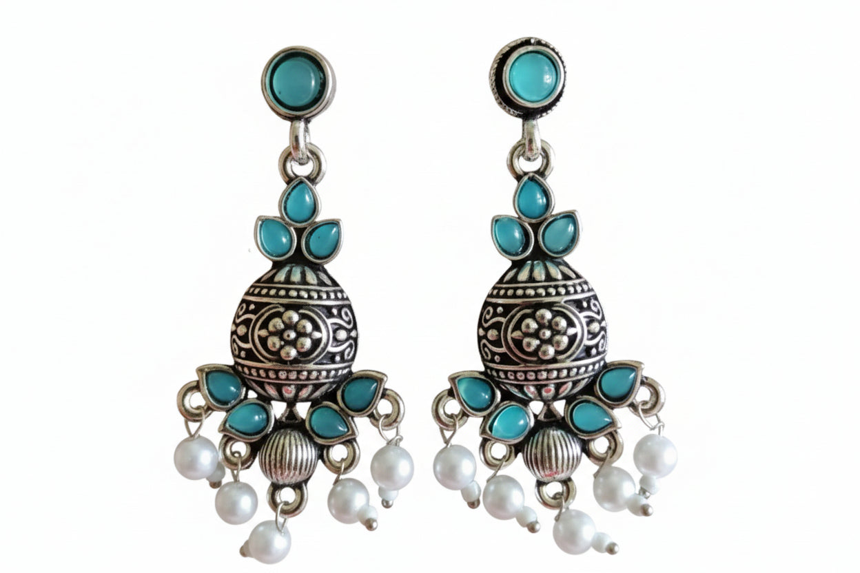 Bright Teal Blue Stone Oxidized Jhumka with Pearl Accents