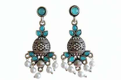 Bright Teal Blue Stone Oxidized Jhumka with Pearl Accents