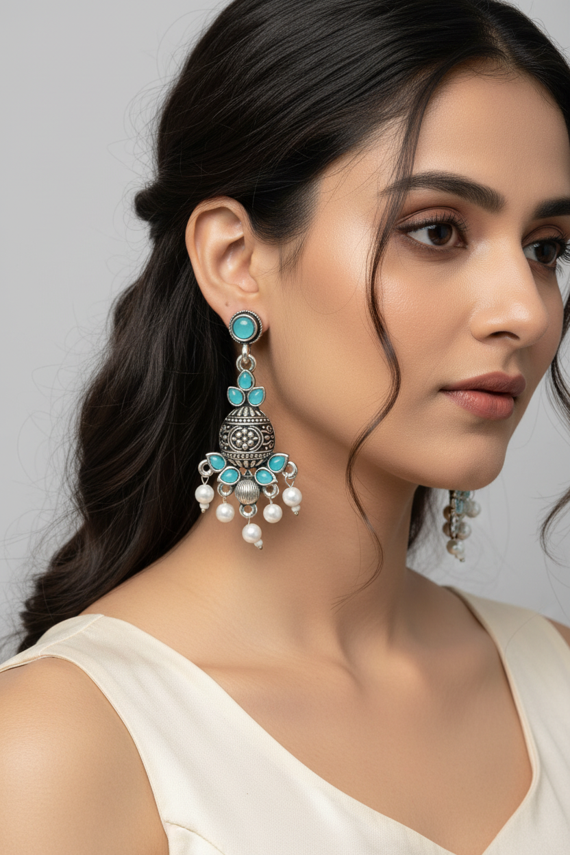 Bright Teal Blue Stone Oxidized Jhumka with Pearl Accents