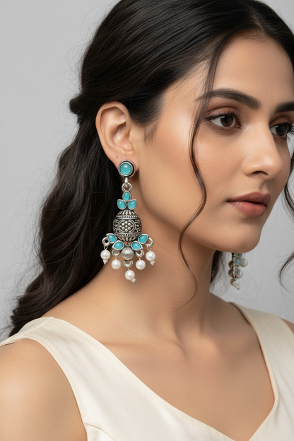 Bright Teal Blue Stone Oxidized Jhumka with Pearl Accents