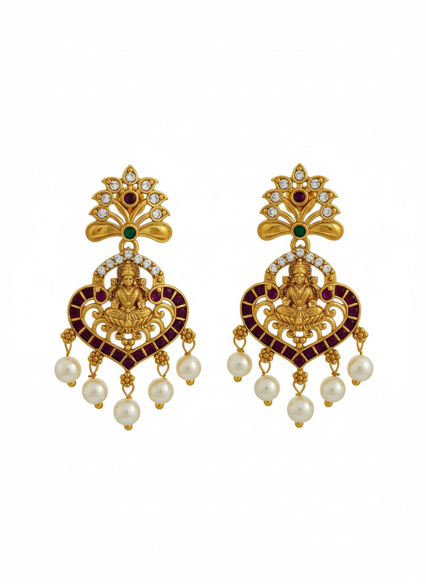 Antique Gold Temple Lakshmi Heart Jhumka Earrings