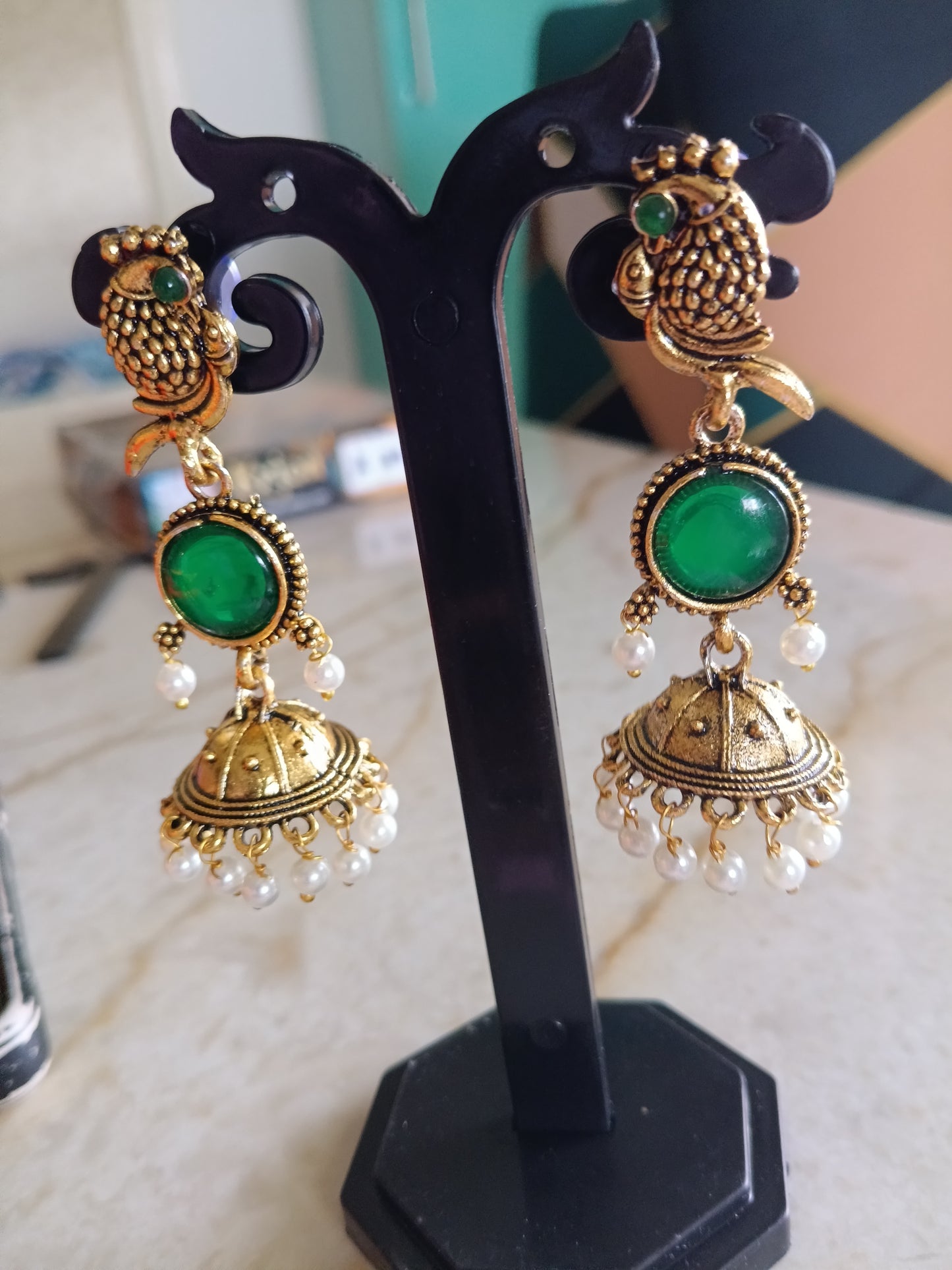 Antique Gold Green Stone Peacock Jhumka Earrings