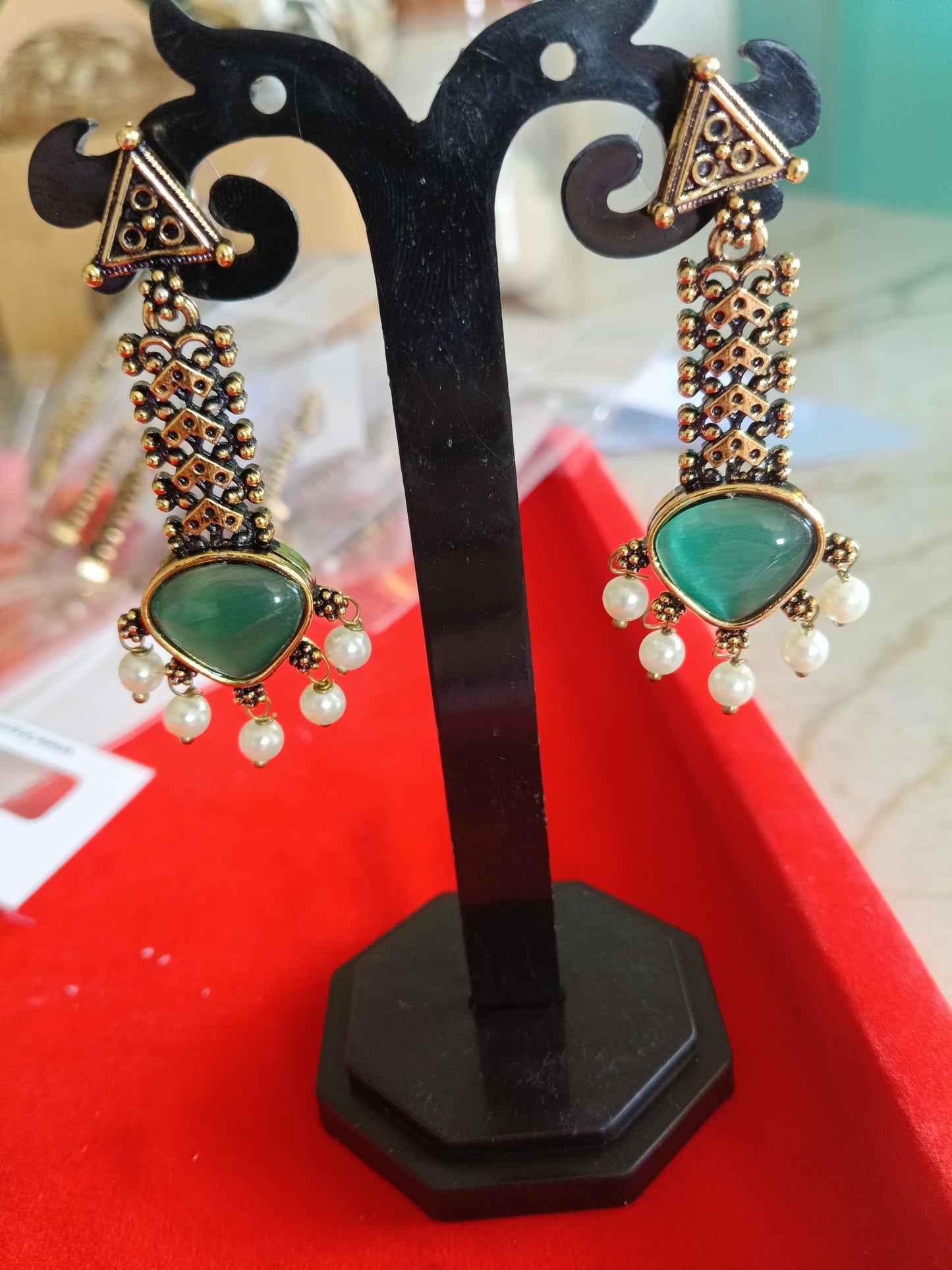 Antique Gold Green Stone Triangle Drop Earrings