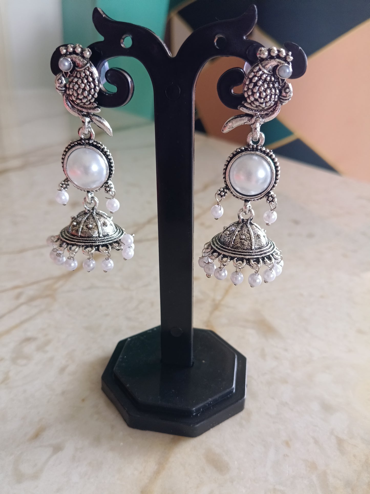 Oxidized Silver Pearl Peacock Jhumka Earrings