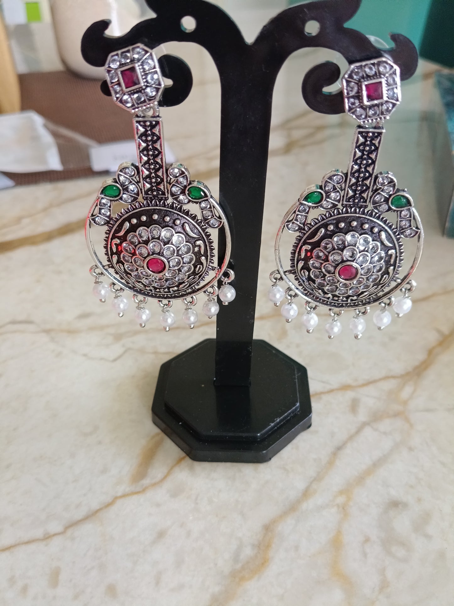 Oxidized Silver Mandala Dangle Earrings with Red Stone