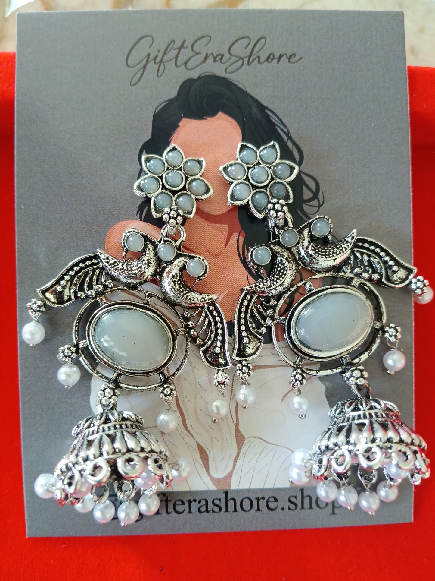 Oxidized Silver Grey Stone Peacock Jhumka Earrings