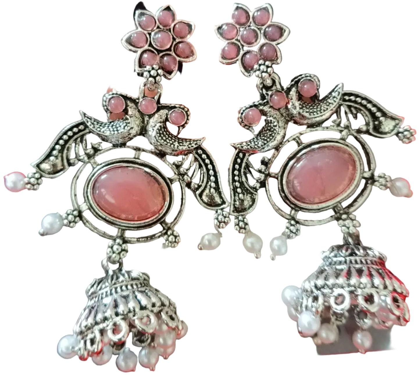 Oxidized Silver Pink Stone Peacock Jhumka Earrings