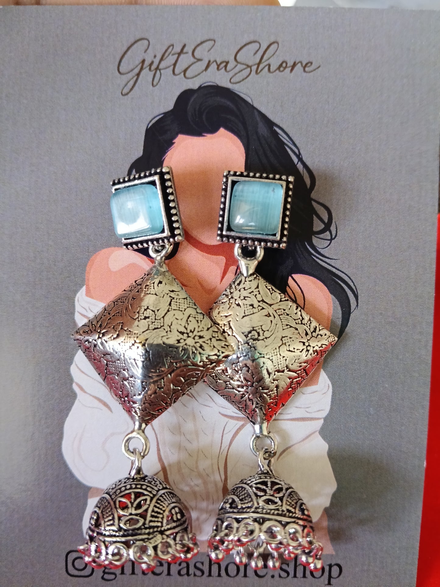 Oxidized Silver Kite Dangle Jhumka Earrings - Blue Stone