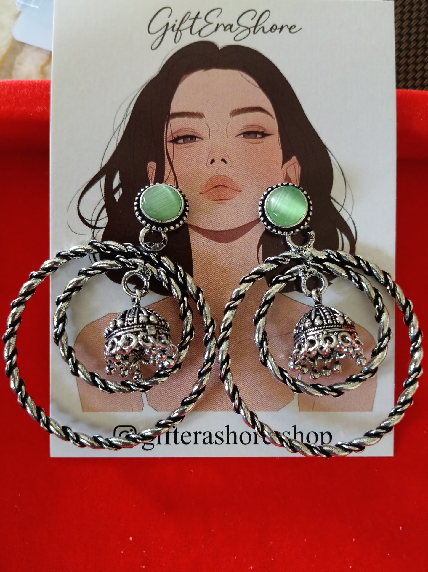 Oxidized Silver Twisted Hoop Jhumka Earrings - Sea Green Stone