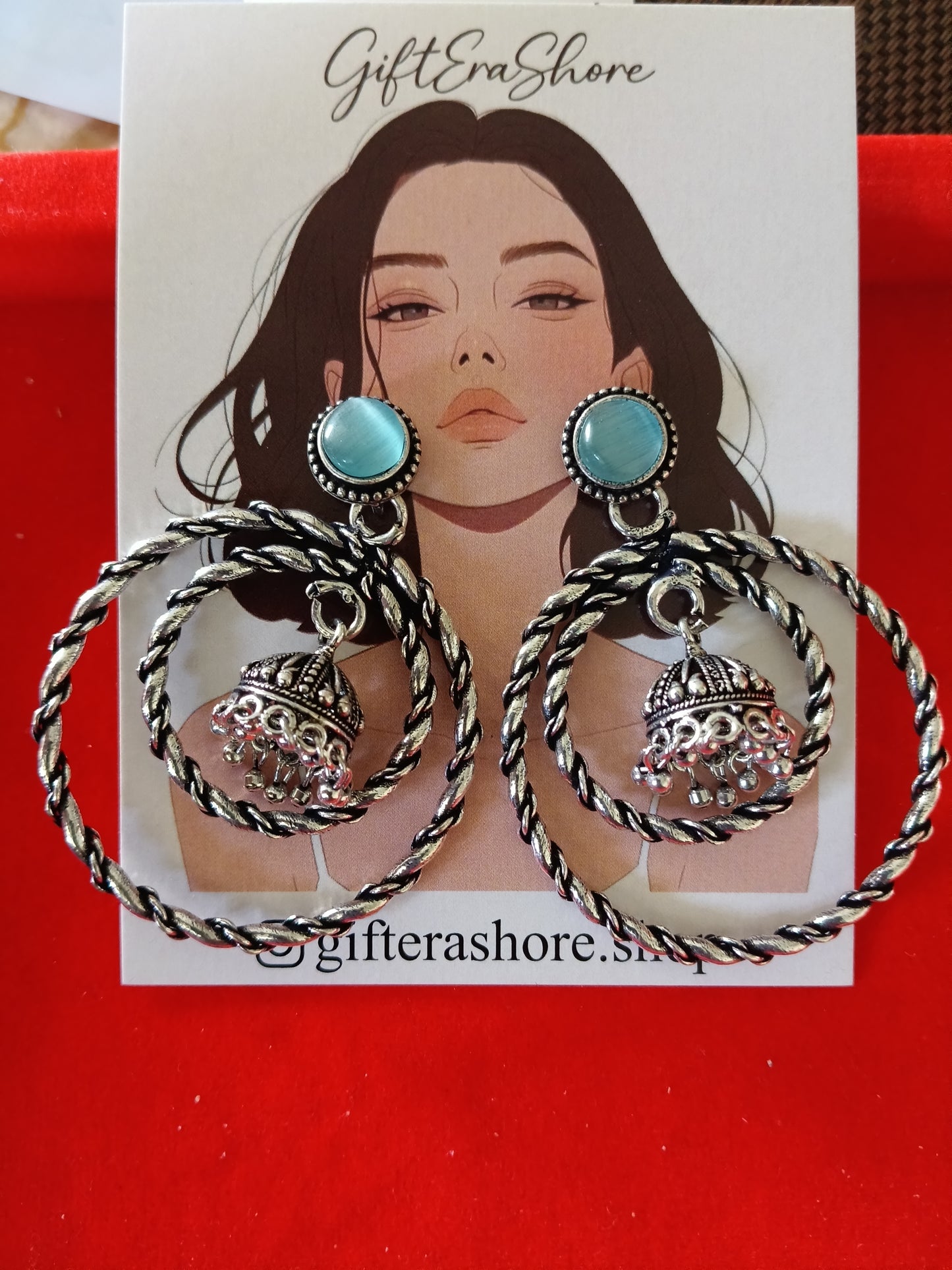 Oxidized Silver Twisted Hoop Jhumka Earrings - Blue Stone