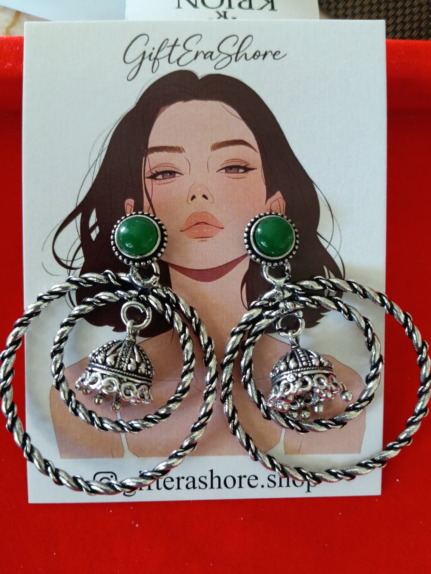 Oxidized Silver Twisted Hoop Jhumka Earrings - Green Stone
