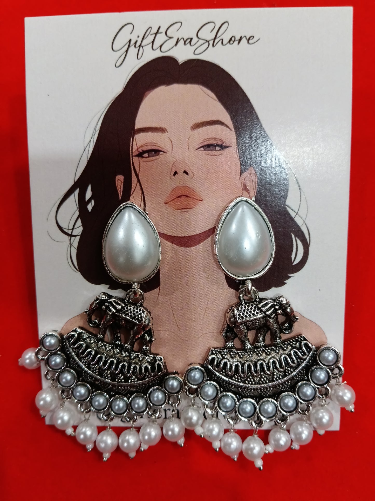 Oxidized Silver Elephant Dangle Earrings - Pearl