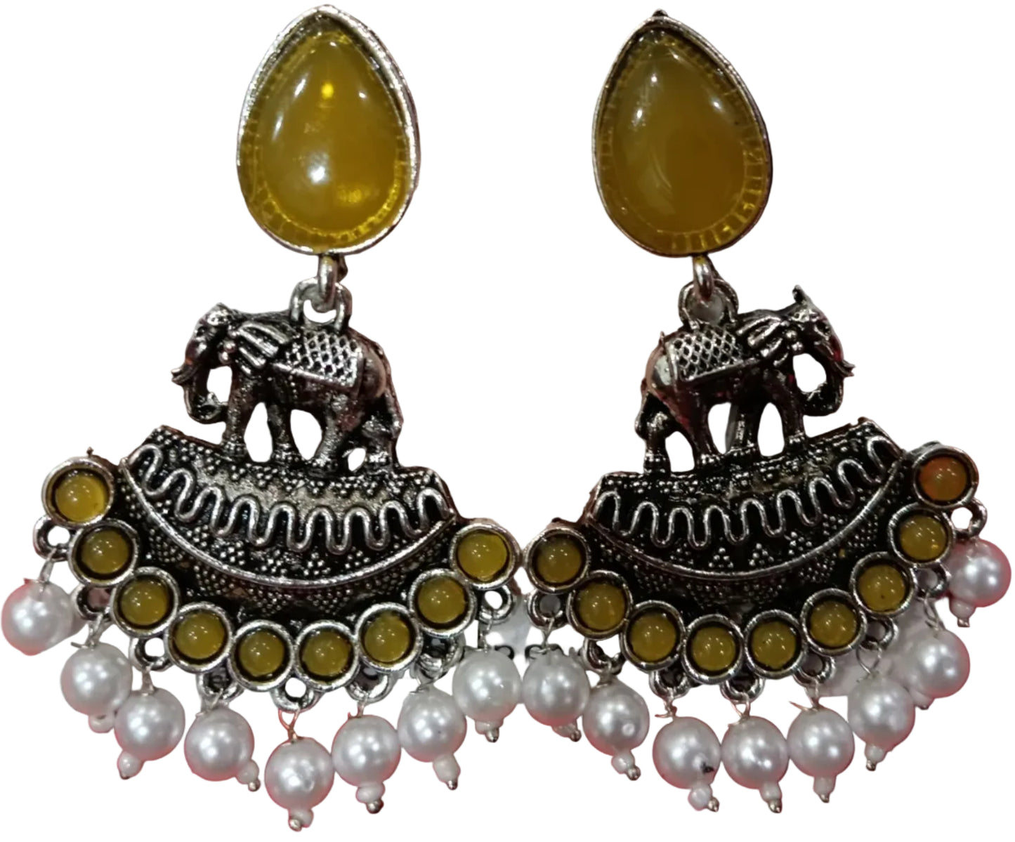 Oxidized Silver Elephant Dangle Earrings - Yellow Stone