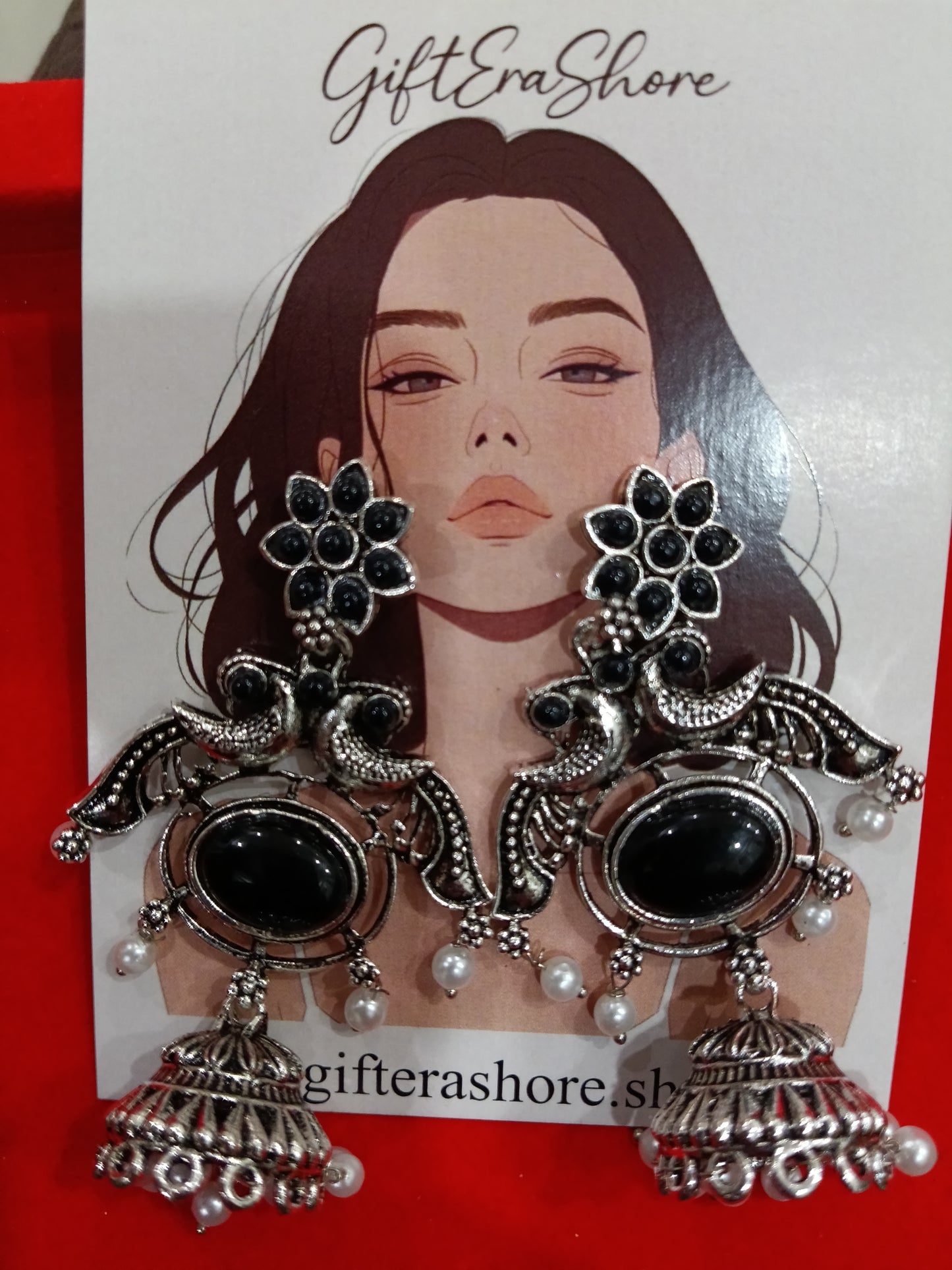 Oxidized Silver Black Stone Peacock Jhumka Earrings