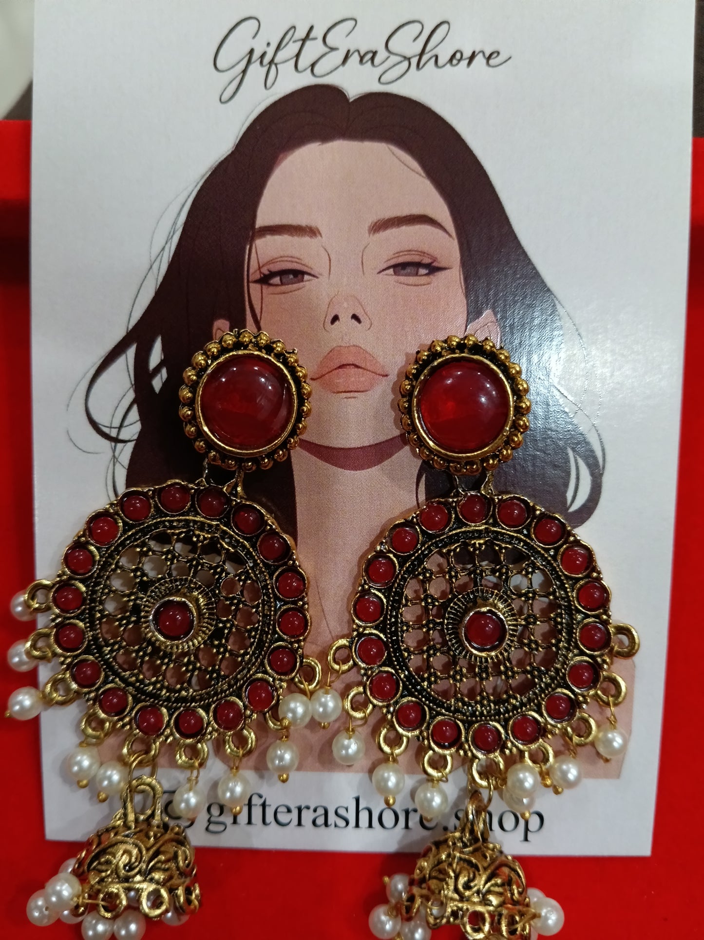 Antique Gold Red Stone Mandala Jhumka Earrings