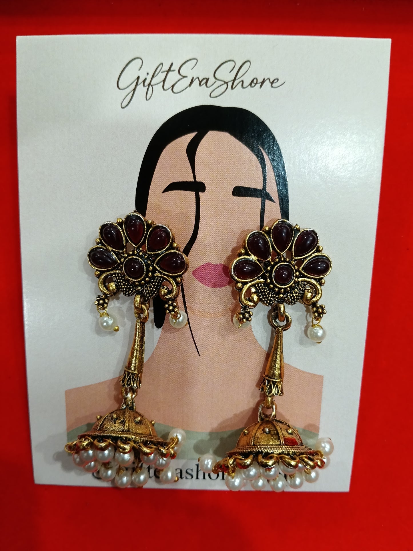 Antique Gold Floral Jhumka Earrings - Maroon Stone