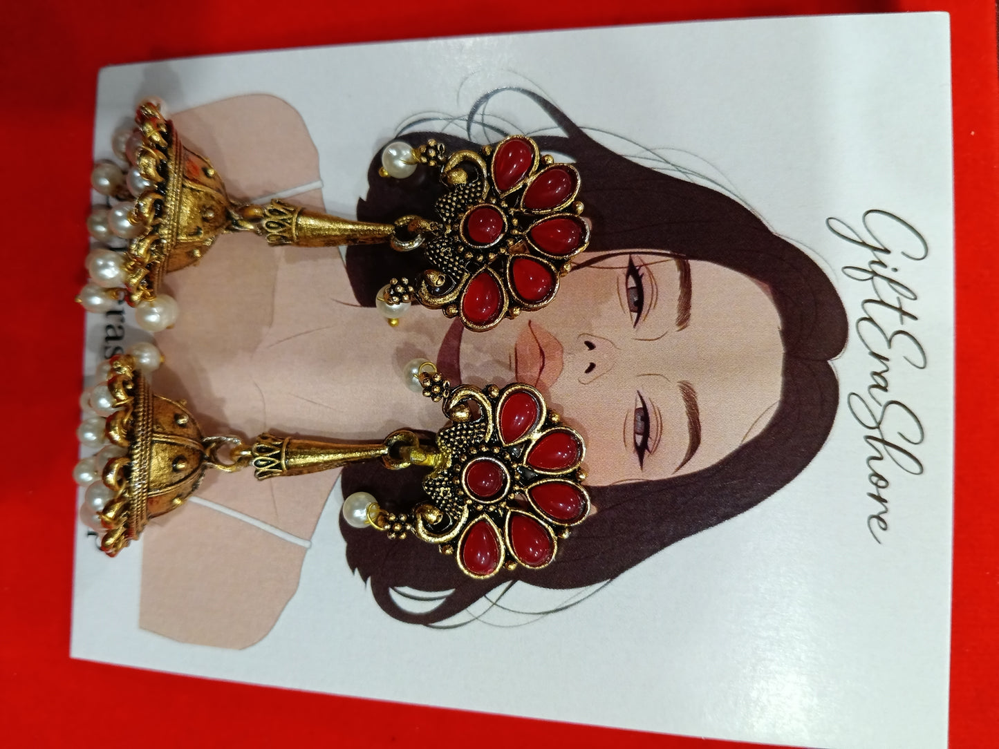 Antique Gold Floral Jhumka Earrings - Red Stone